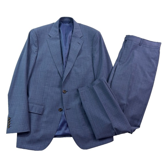 Max Davoli Baroni 42L 36x30 Navy Blue Plaid 2pc Pant Suit Super 150s Wool